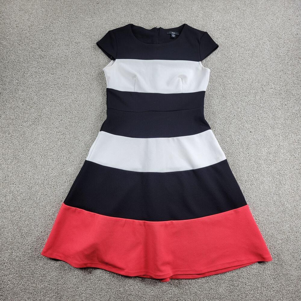 R&K Dress Womens 4 White Black Red Color Block Stripes Short Cap Sleeve Office